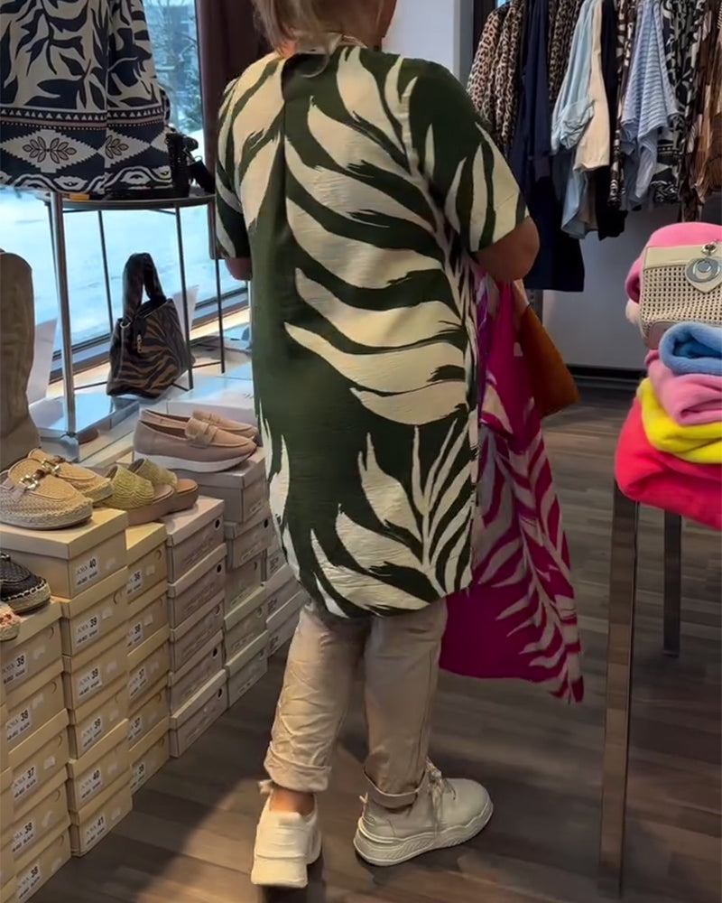 Leaf Print Short-Sleeve Dress