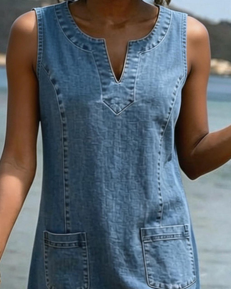 Denim Petite V-Neck Sleeveless Dress