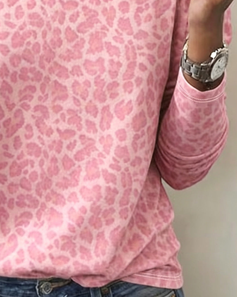 Crew-Neck Leopard Long-Sleeve T-Shirt