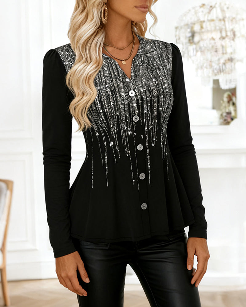 V-Neck Slim Waisted Shimmery Gradient Blouse