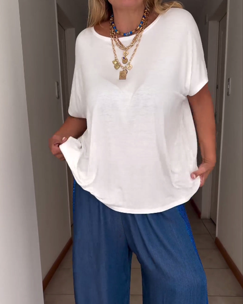 Solid color round neck short sleeve T-shirt