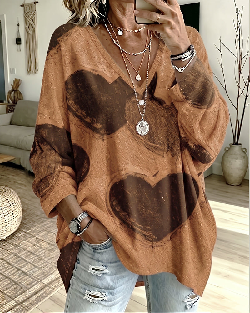 Heart Print V-Neck Loose Top