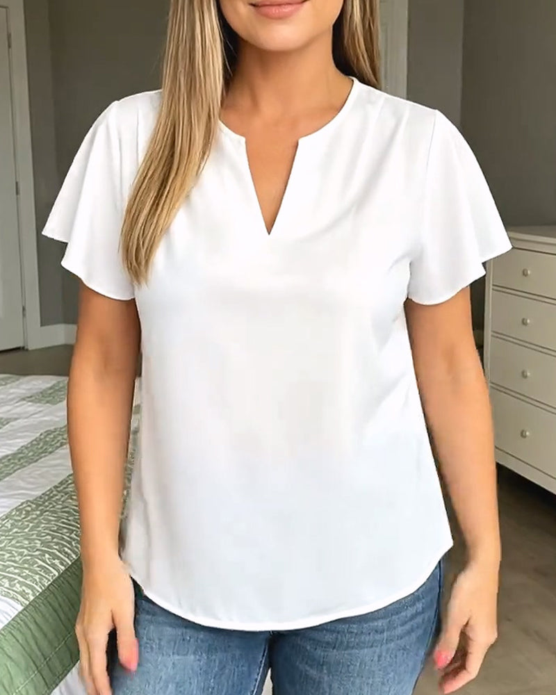 Lotus Leaf V-Neck Solid Color Blouse