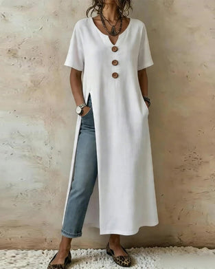 Three-Button Slit Solid Color Dress Blouse