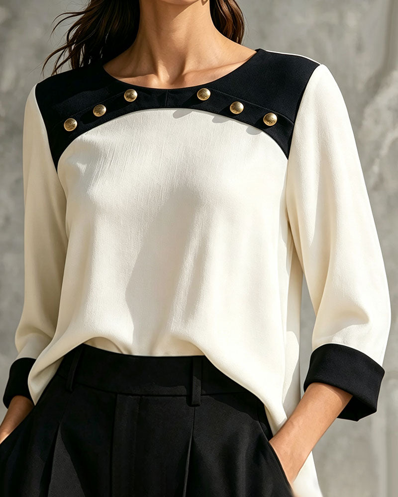 Contrast Buttoned Three-Quarter Sleeve Top
