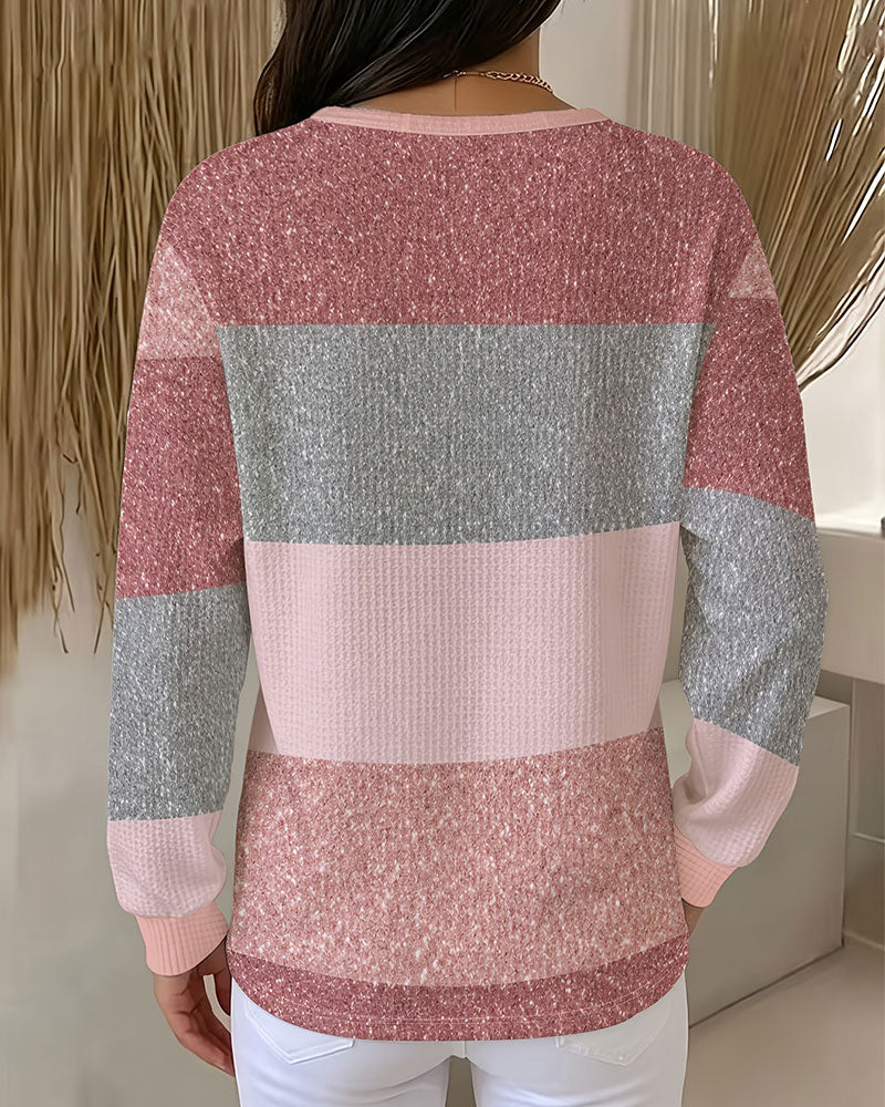 Button Crew Neck Color Block Sweatshirt
