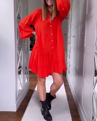 Solid color V-neck flared long-sleeve patchwork dress
