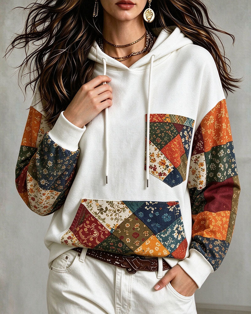 Patchwork Print Hooded Hoodie