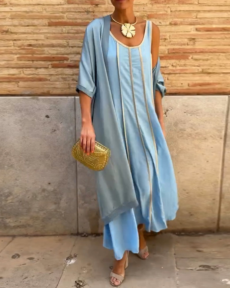 Printed Round Neck Long Dress Casual Top Two Piece Set