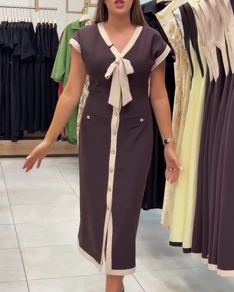 V-Neck Bow Button Dress