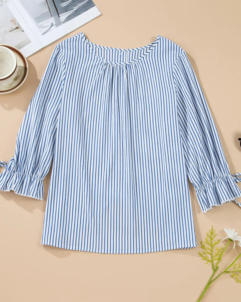 Striped Crew Neck Bubble Sleeve Blouse