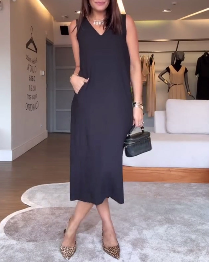 Aumora Casual V-neck Sleeveless Solid Color Split Dress