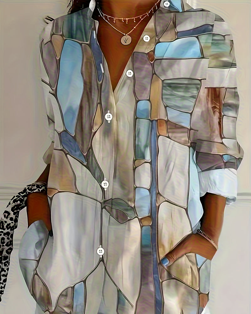 Artistic Stone-Patterned Long-Sleeve Blouse