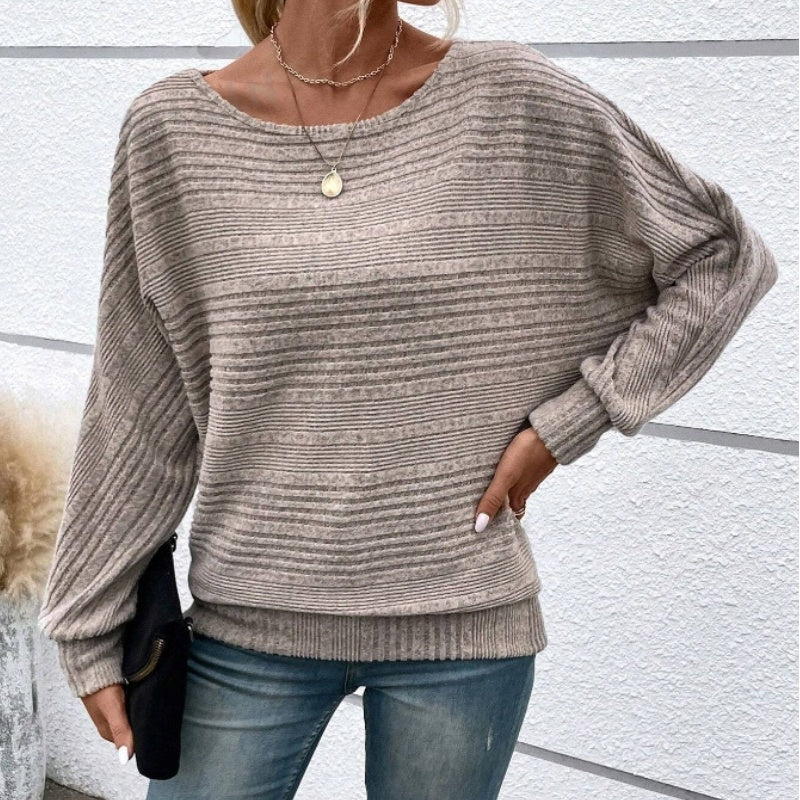 Solid Color Round Neck Long Sleeve Striped Top