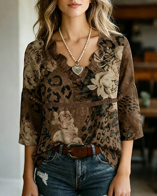 Rose Leopard Print Patchwork Blouse