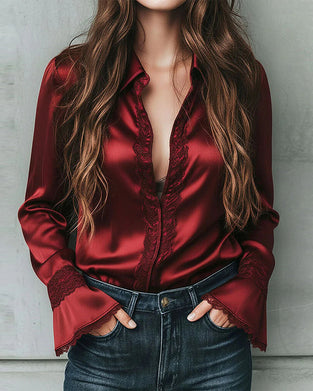 Satin Lace-Paneled Lapel Blouse