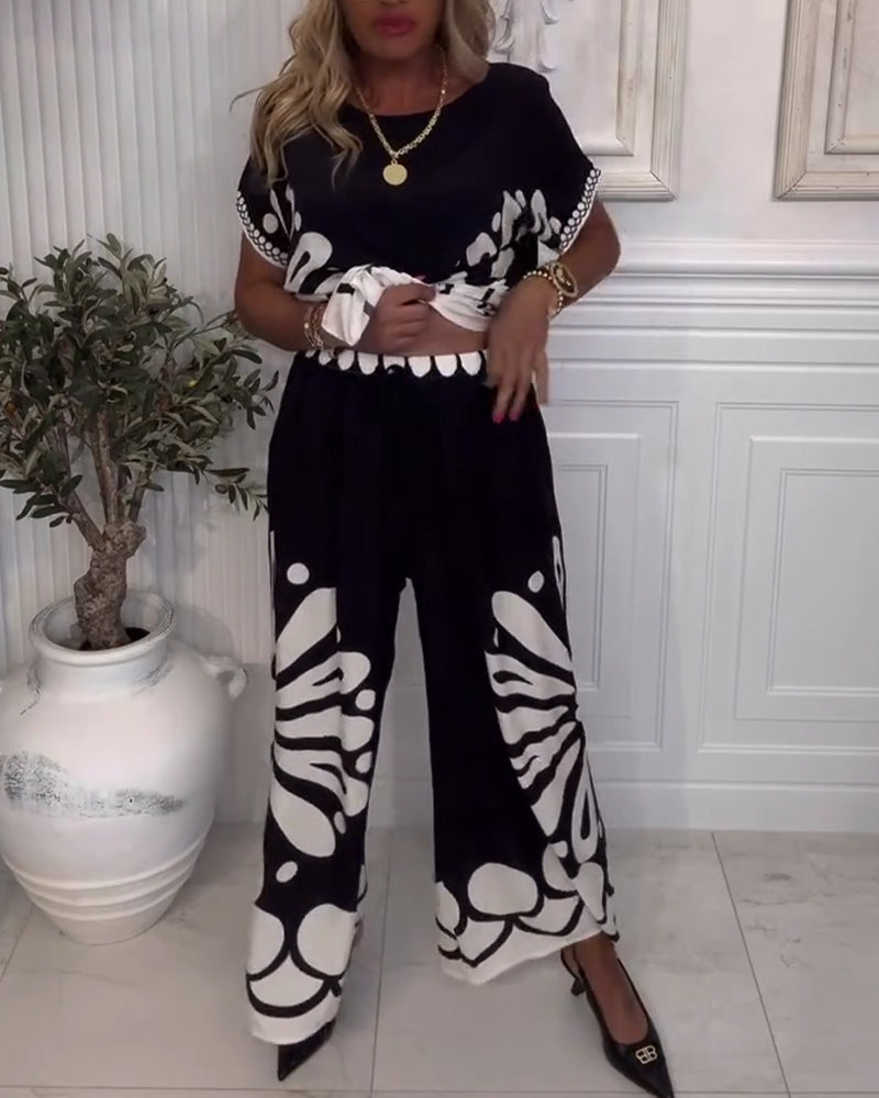 Temperament Printed Pocket Wide-Leg Pants Suit