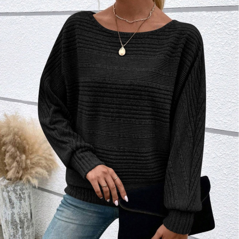 Solid Color Round Neck Long Sleeve Striped Top
