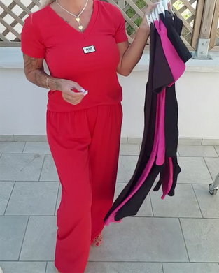 V-Neck Casual Wide-Leg Pants Suit