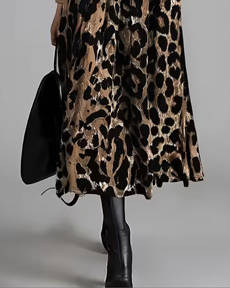 Crew Neck Leopard Full Skirt Dress