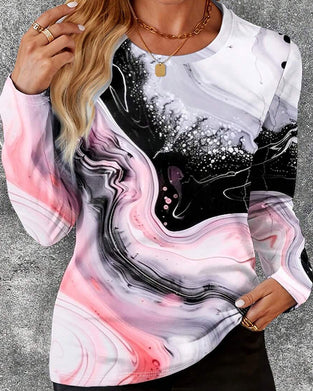 Round Neck Printed Casual Long-Sleeved Top