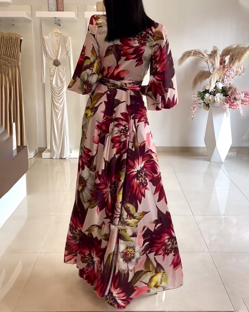 Floral print lapel three-quarter sleeve lace-up dress