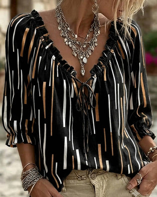 V-Neck Ruffle Trim Stripe Blouse