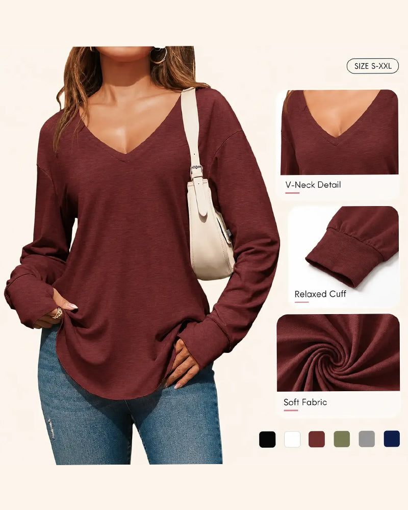 V-Neck Drop-Shoulder Solid Loose-Fit Top