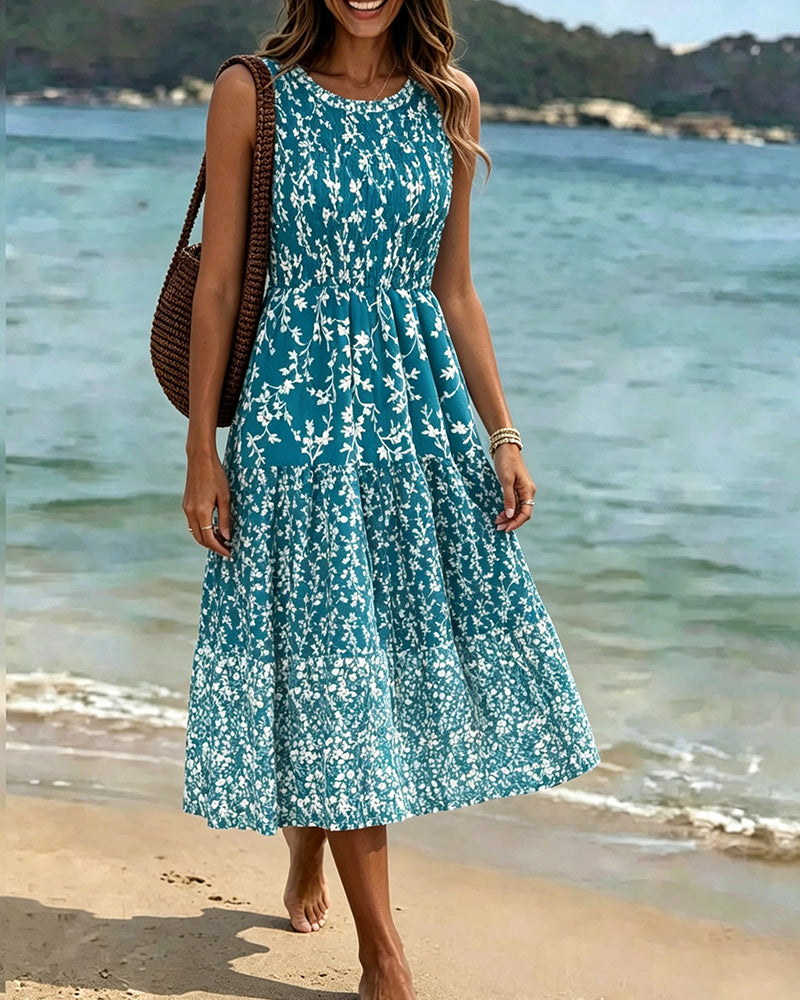 Sleeveless Floral Waist-Cinching A-Line Dress