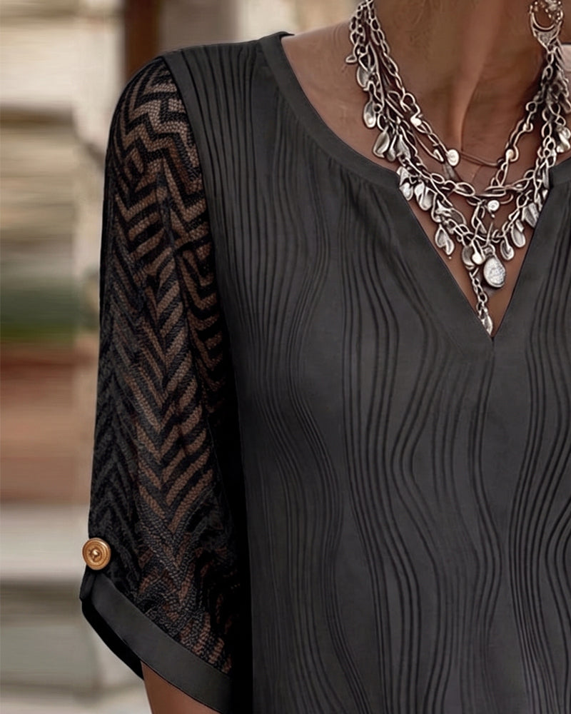 V-Neck Lace Panel Solid Line Blouse
