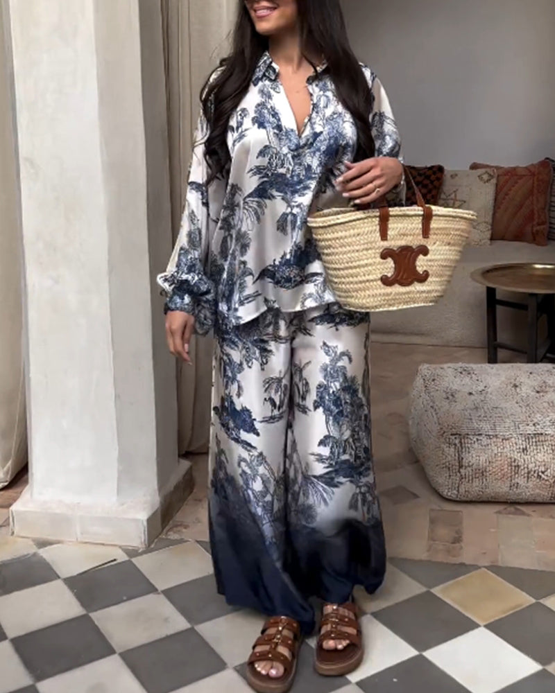 Plant gradient print lantern sleeve two-piece suit