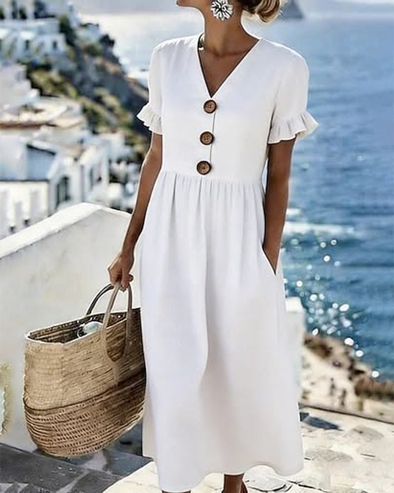 Three-Button Ruffle Sleeve Dress