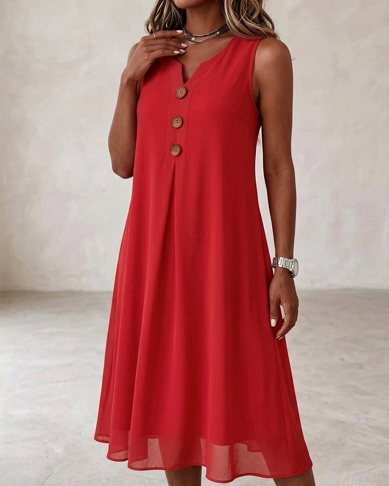Button Shirred Sleeveless Dress