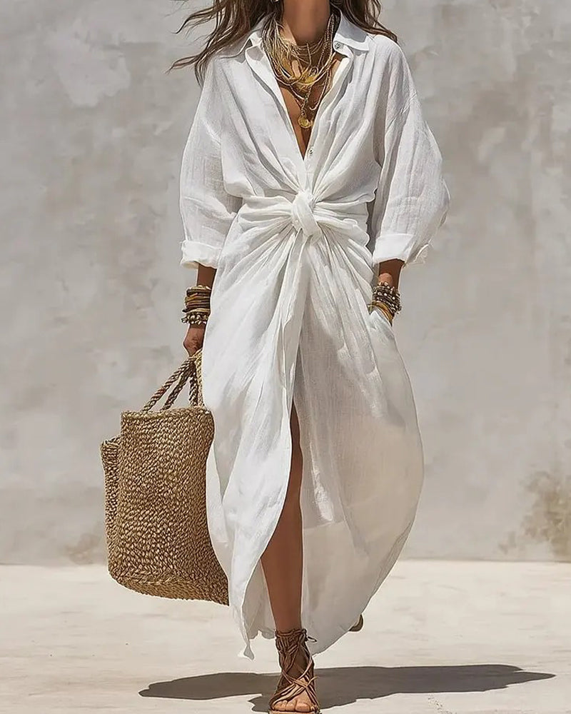 Chic Knot Shirt Long Dress