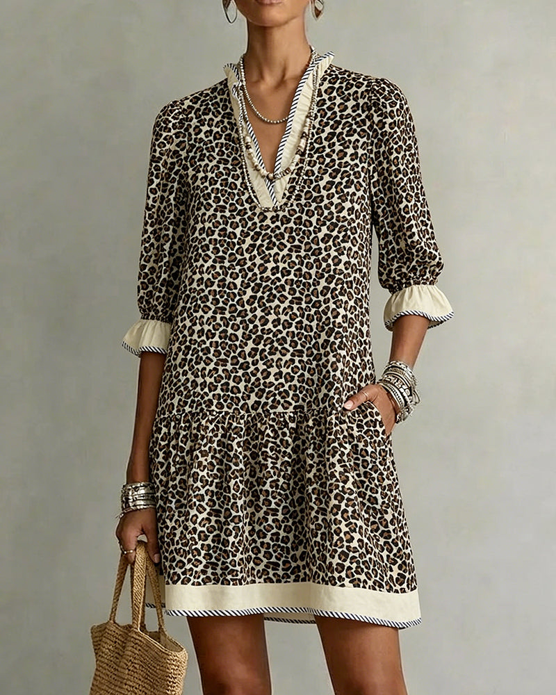 Leopard Print Ruffle V-Neck Dress