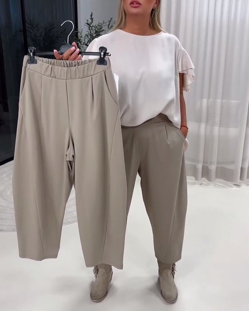 Solid Color Elastic Waist Fashion Pants