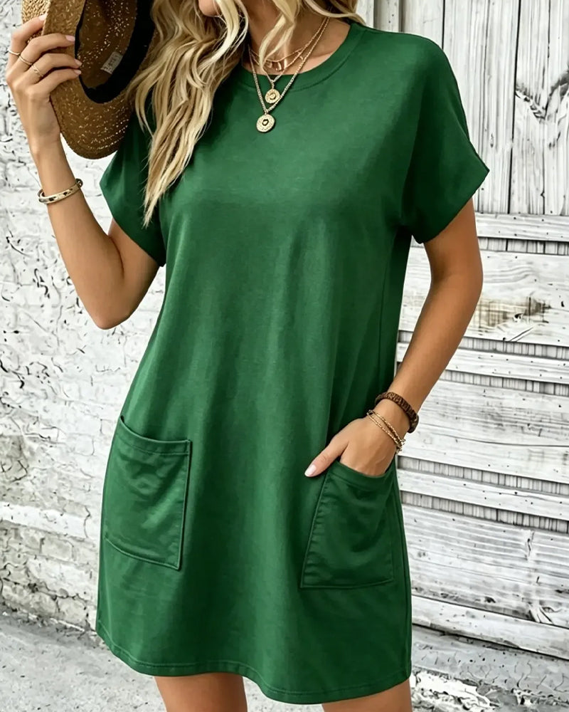 Round Neck Double Pocket Solid Casual Dress