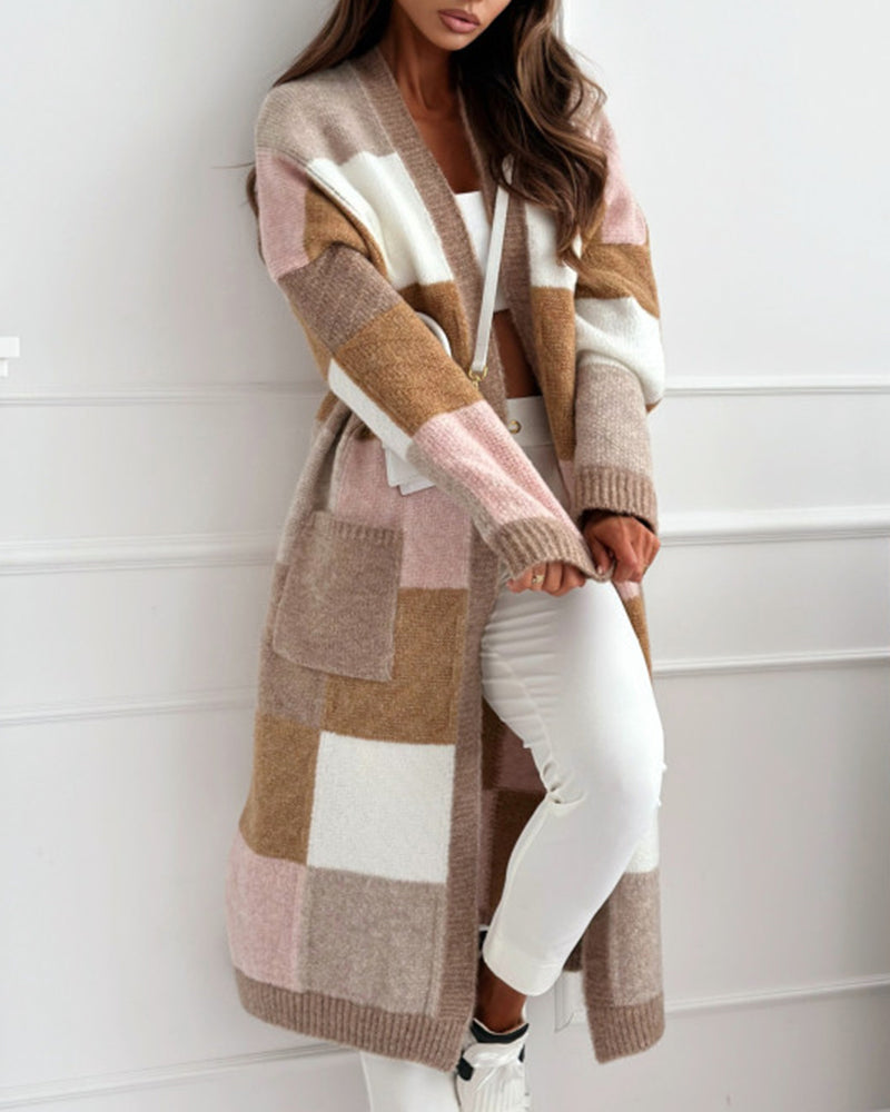 Casual contrast plaid pocket loose cardigan