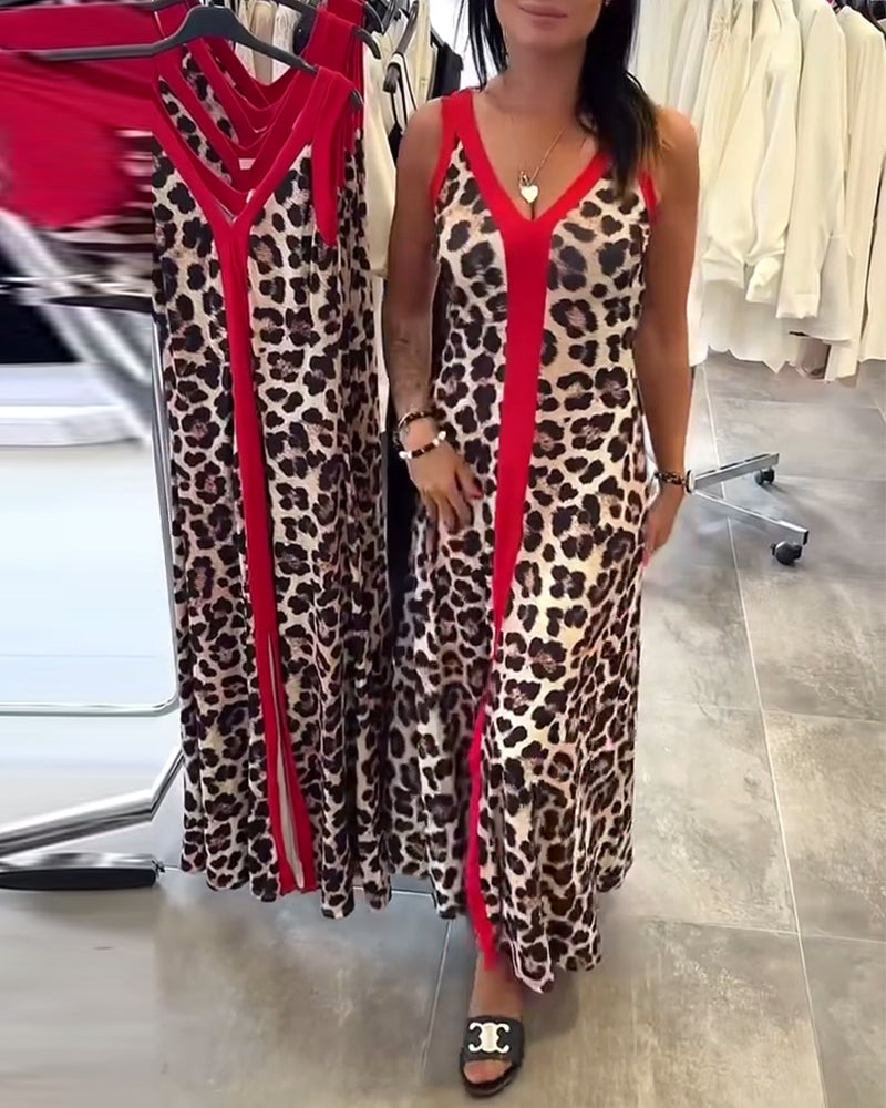 Sleeveless Elegant Leopard Print Contrast Dress