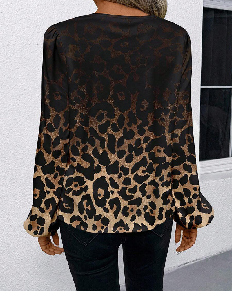 Puff-Sleeved Gradient Leopard Print Shirt
