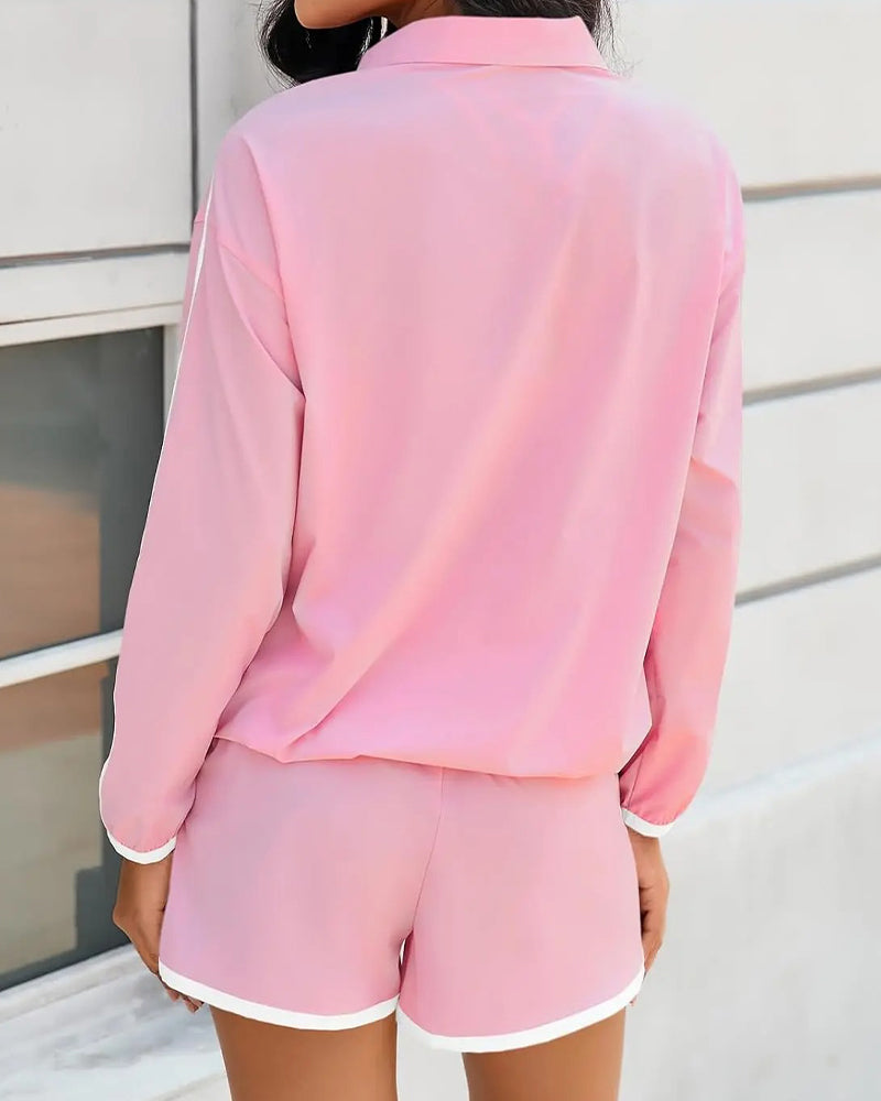 Zipper-Drawstring Color-Block Casual Set