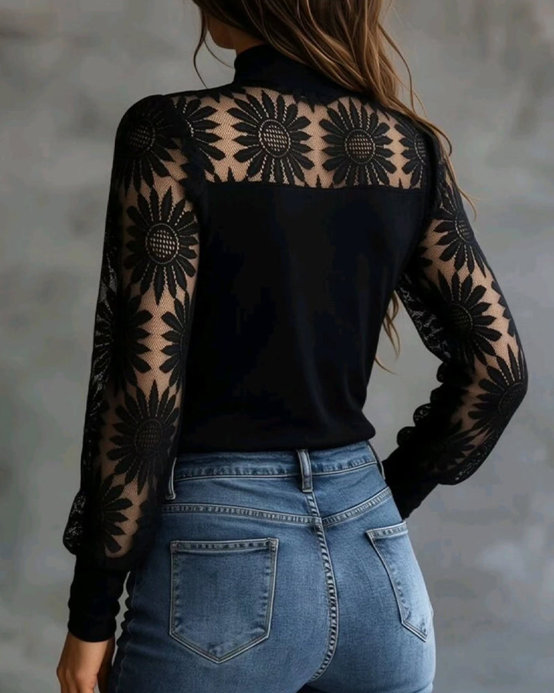 Sunflower Lace Paneled Turtleneck Top