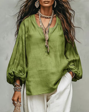 Casual Lantern Sleeve Solid Loose Fit Blouse