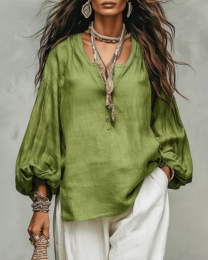 Casual Lantern Sleeve Solid Loose Fit Blouse