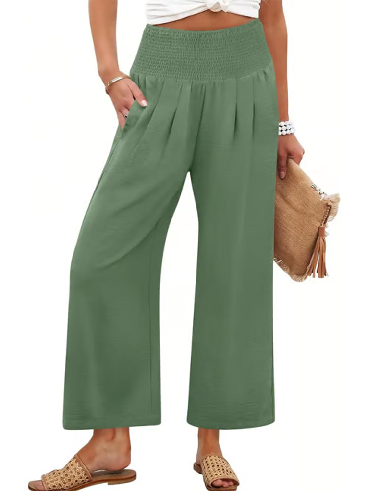 Solid High Waist Wide-Leg Pants
