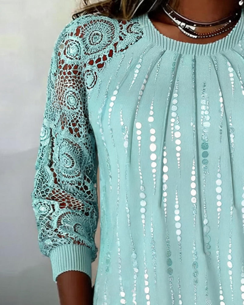 Round Neck Shirred Lace Polka Dot Top