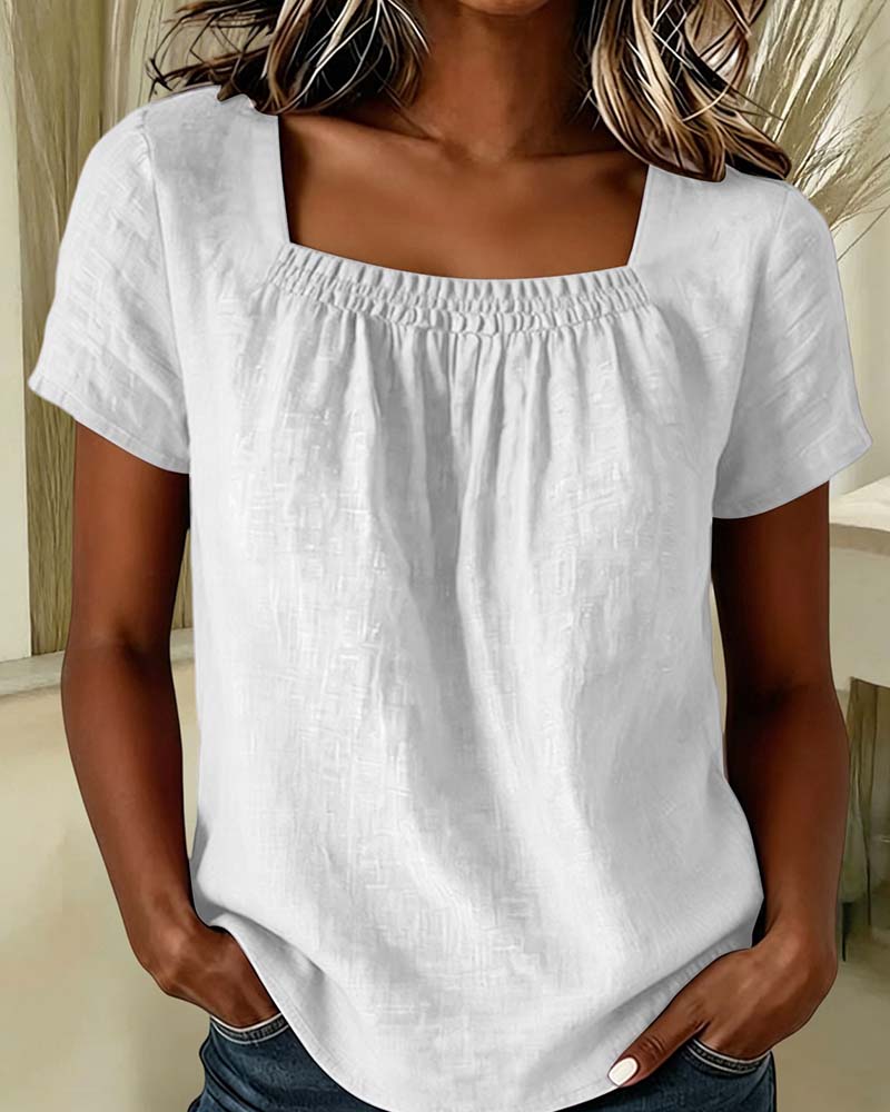 Square Neck Shirred Short Sleeve Blouse