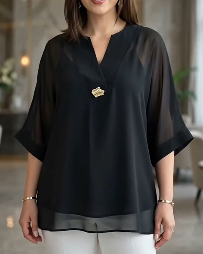 V-Neck See-Through Gauze Loose Blouse