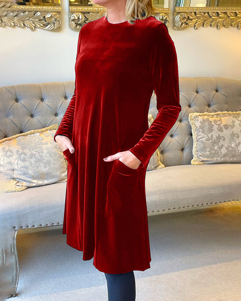 Pocket Velvet Round Neck Dress