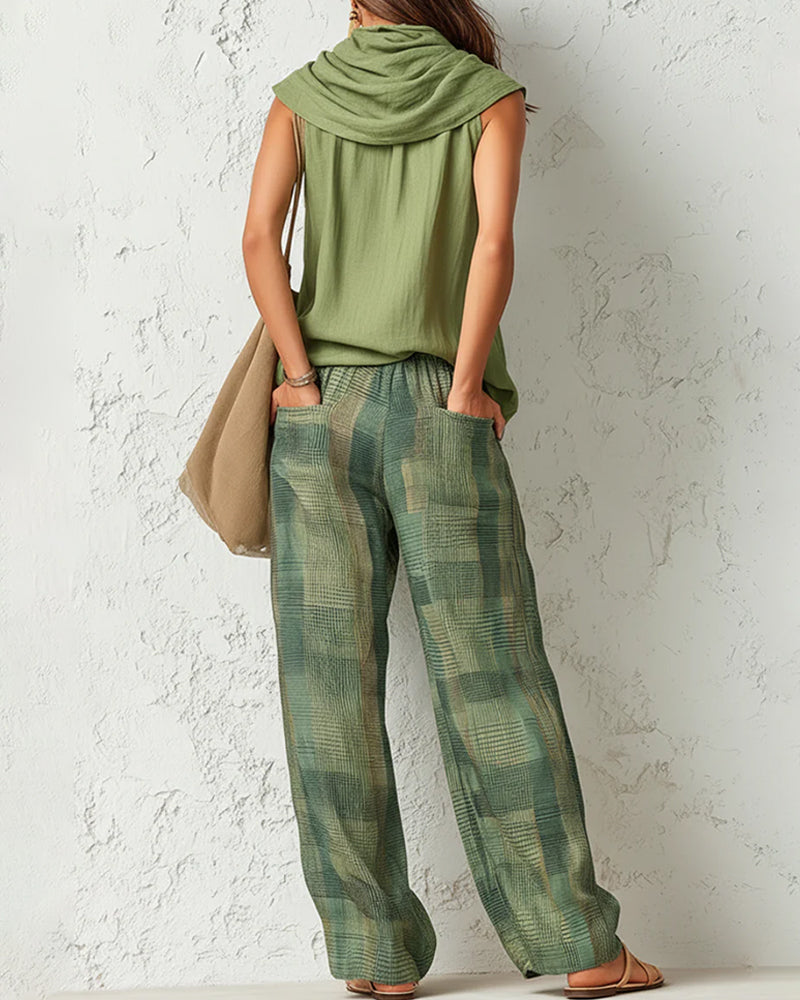 Sleeveless Top Plaid Wide-Leg Pants Set